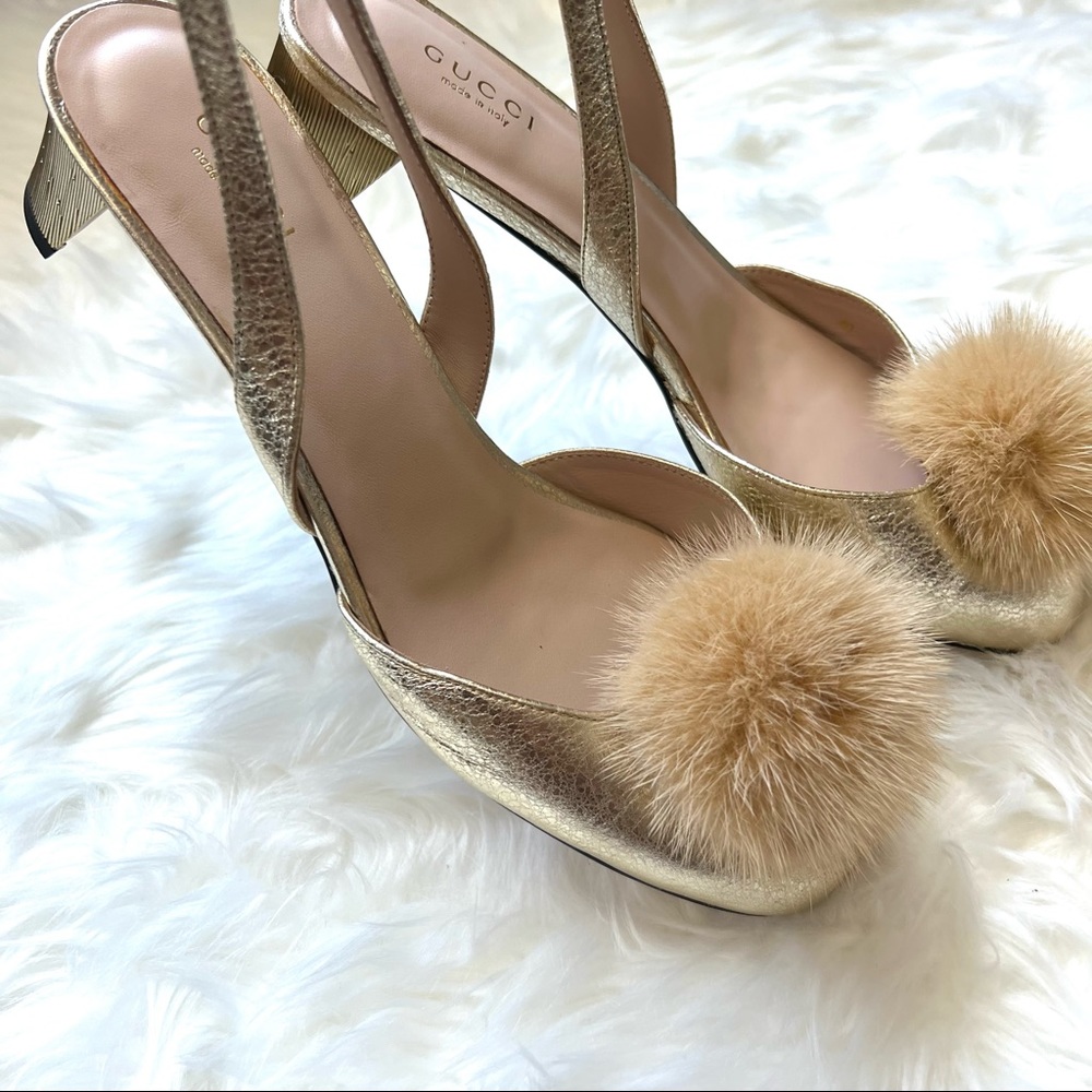Gucci Gold Mink Pom Pom Slingback Shoes